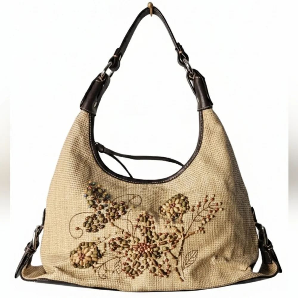 Worthington Vintage Wood Beaded Embroidered Floral Beige Hobo Handbag